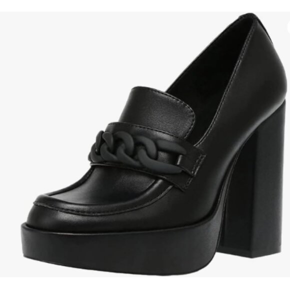 FOWT Black Platform Round Toe Pumps Chain Chunky High Heel Loafers Slip on Shoes - Picture 1 of 8